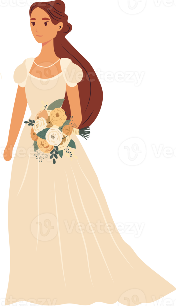 The bride with a wedding bouquet of flowers.  illustration in flat cartoon style. png