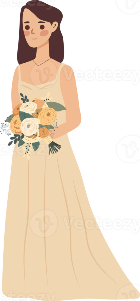 The bride with a wedding bouquet of flowers.  illustration in flat cartoon style. png