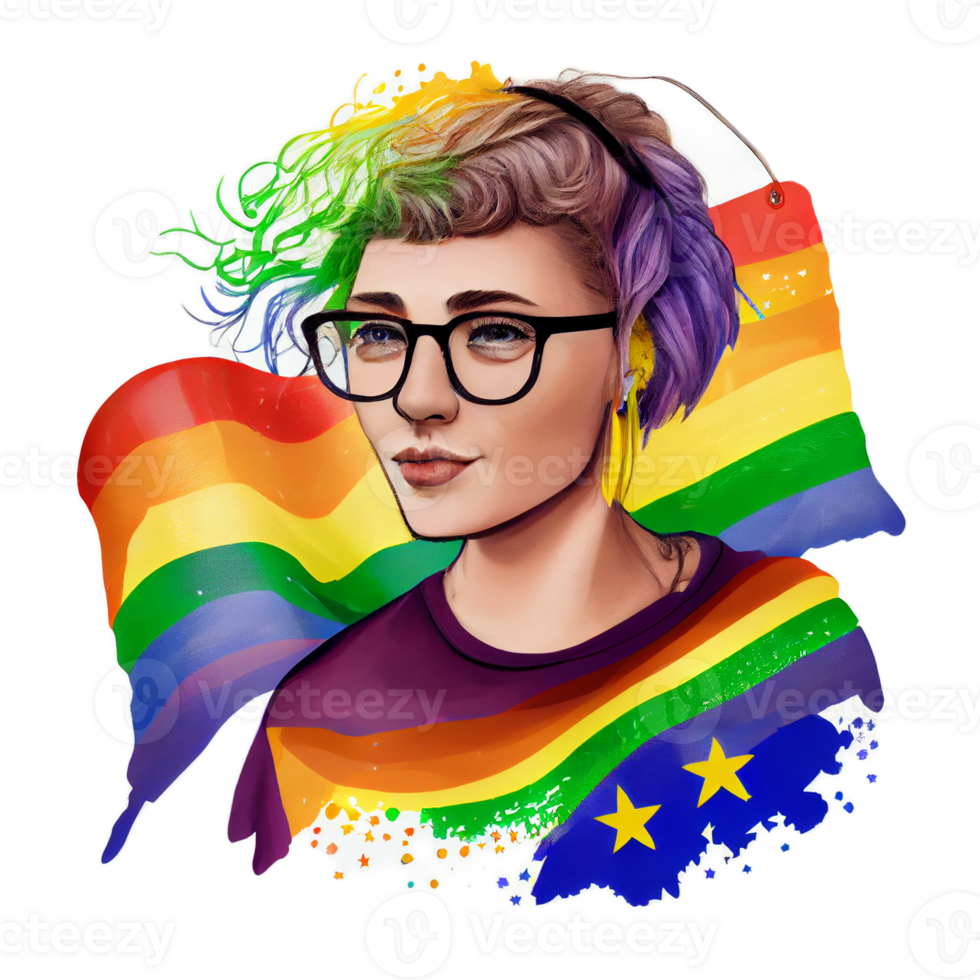 Woman activist for lgbtq rights with rainbow flag, cartoon, transgenders, homosexual, queers diverse people of gay and lesbian community, png