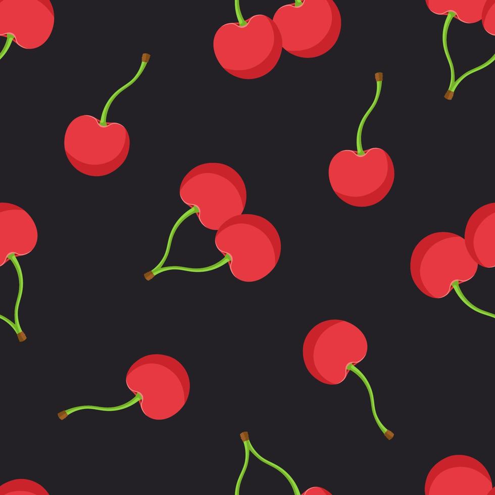 Seamless pattern with falling twin and one red cherries with a stem on black background vector