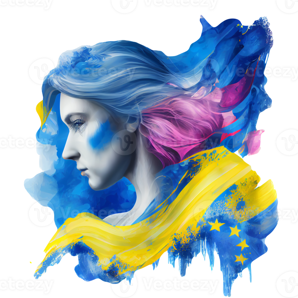 Ukraine Flagge Frau Illustration, schön Frauen ukrainisch und EU Kunstwerk Flaggen, ai generiert png