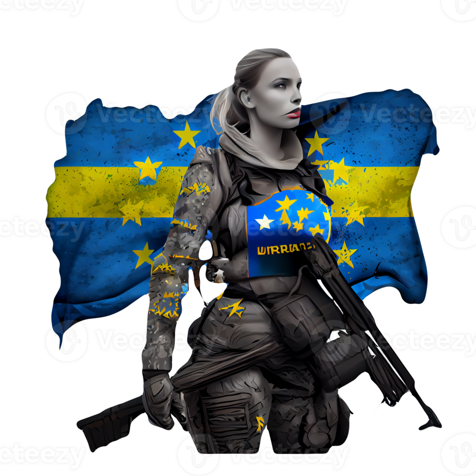 Oekraïne vlag vrouw illustratie, mooi Dames oekraïens en EU artwork vlaggen, ai gegenereerd png