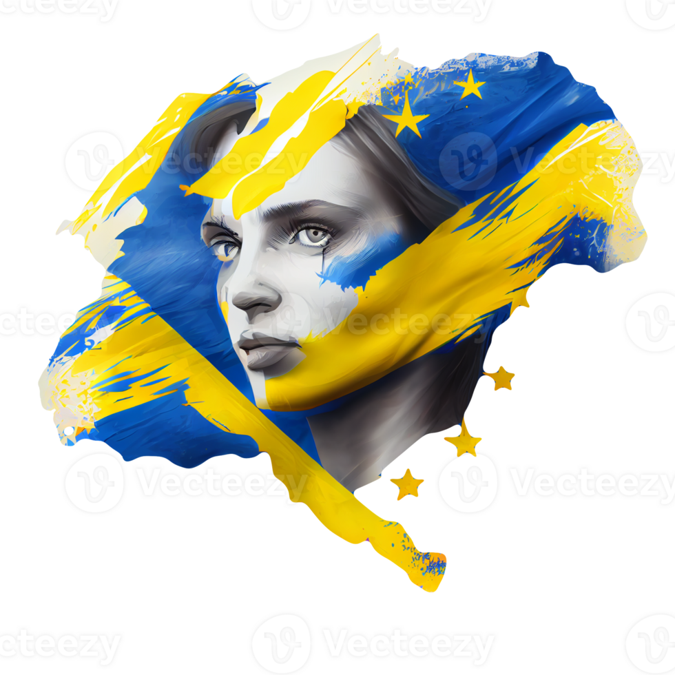 Ucrania bandera mujer ilustración, hermosa mujer ucranio y UE obra de arte banderas, ai generado png