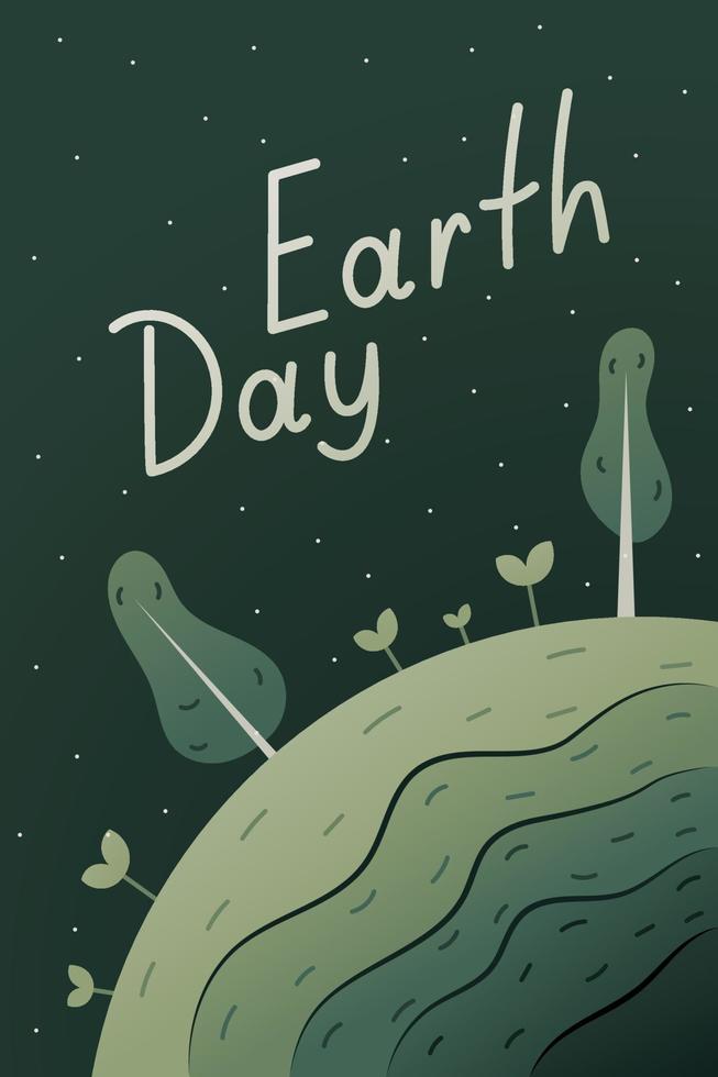 World holiday Earth Day vector banner. Green planet in space with stars, trees and plants.