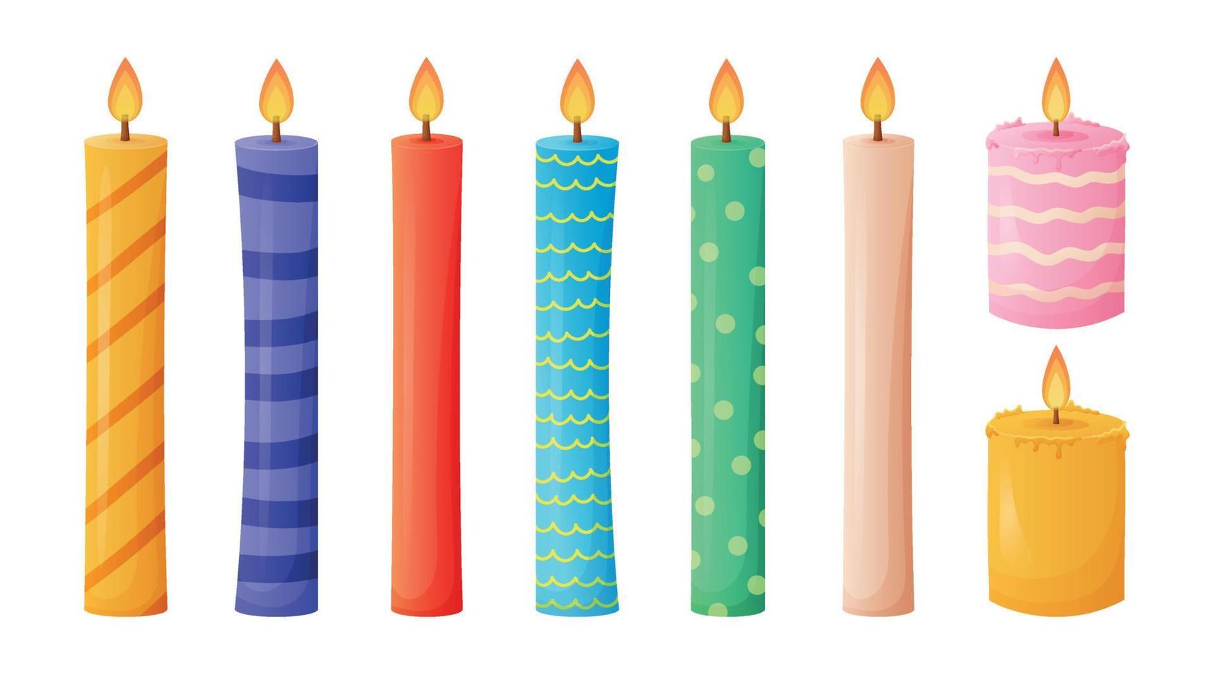 Set of vector Cartoon colorful Wax Candles. Festive Birthday collection of design elements.