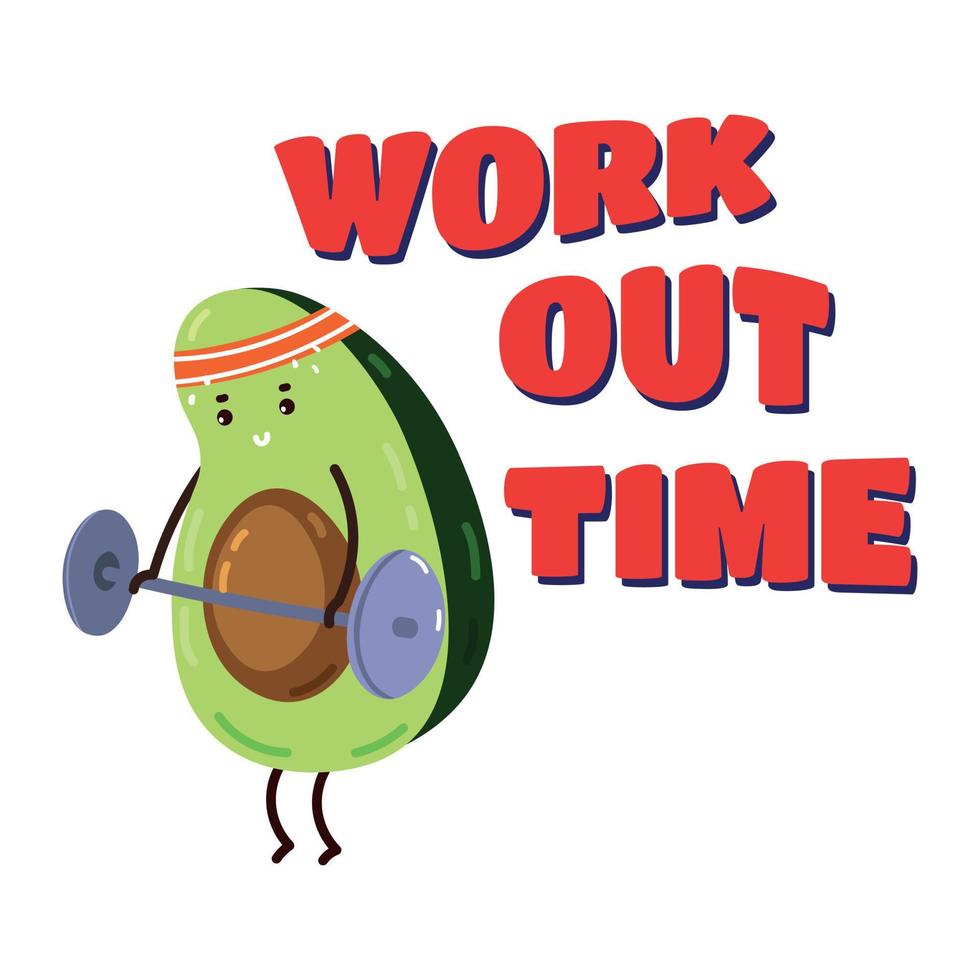 Cartoon cute avocado character training. Cute print with funny sports avocado for t-shirt and other design. Print avocado workrout time vector