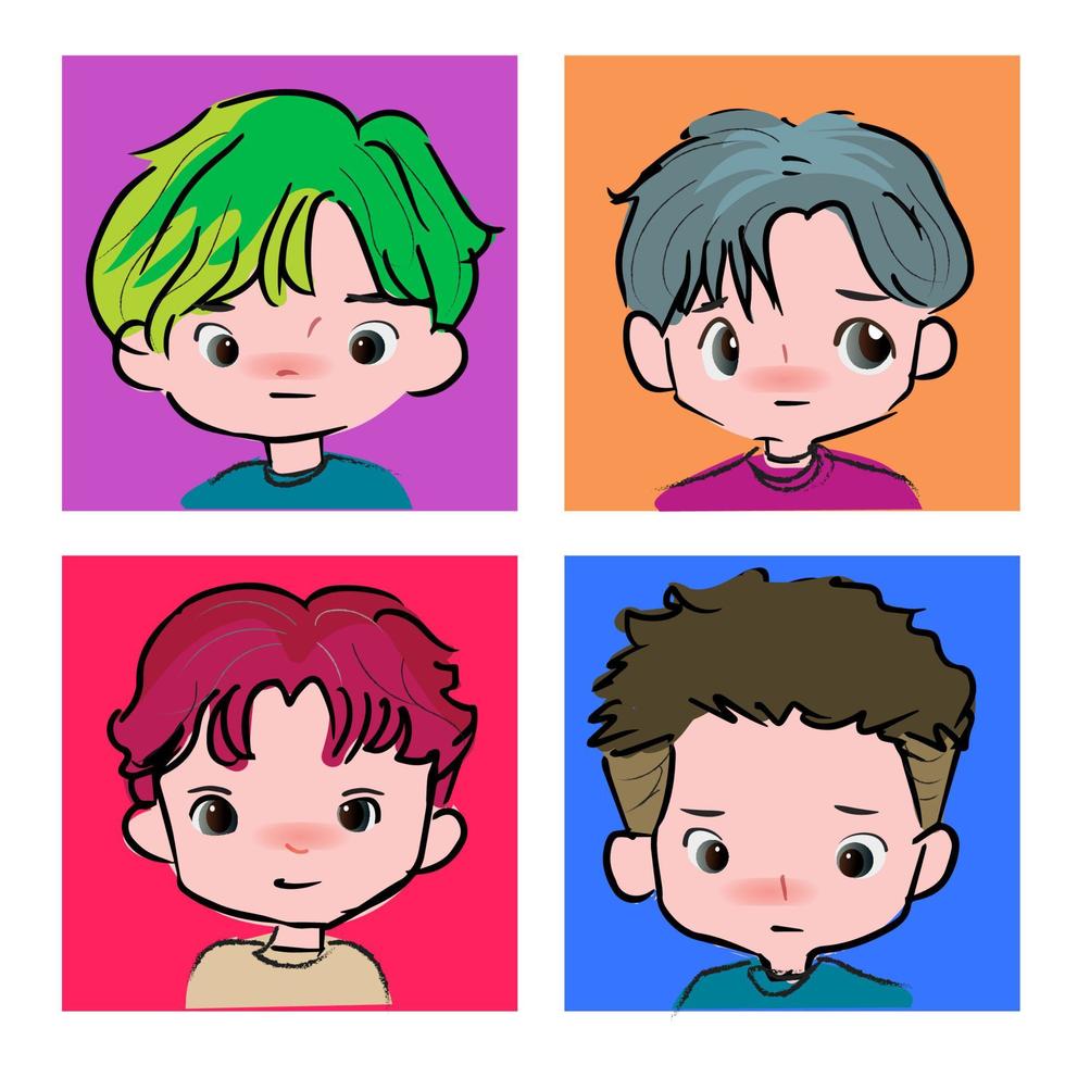 set of cute anime boy face free style color fashion vector