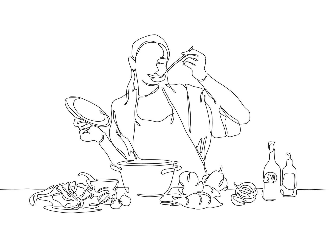 Continuous one line drawing of woman enjoy making foods. Single continuous line art style vector