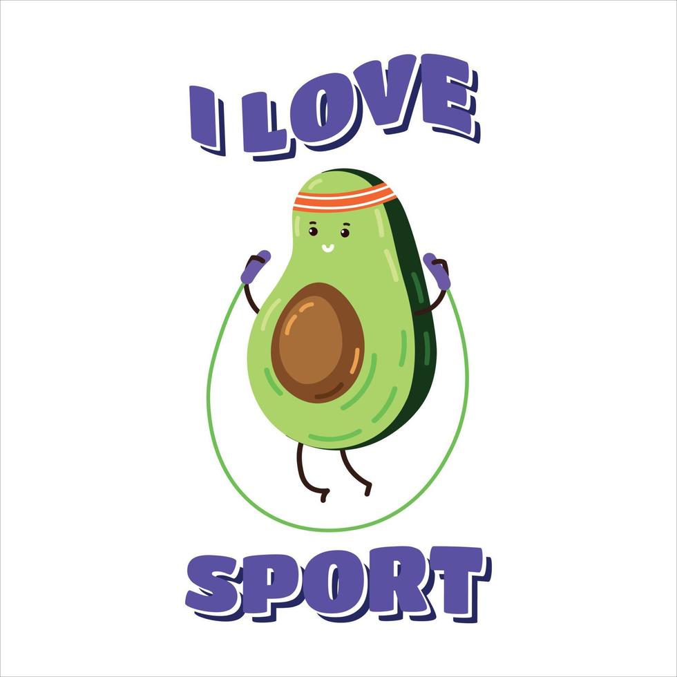 Cartoon Cute and funny avocado character jumping. Vector print with funny sports avocado for t-shirt and other design. Print with slogan I love sport