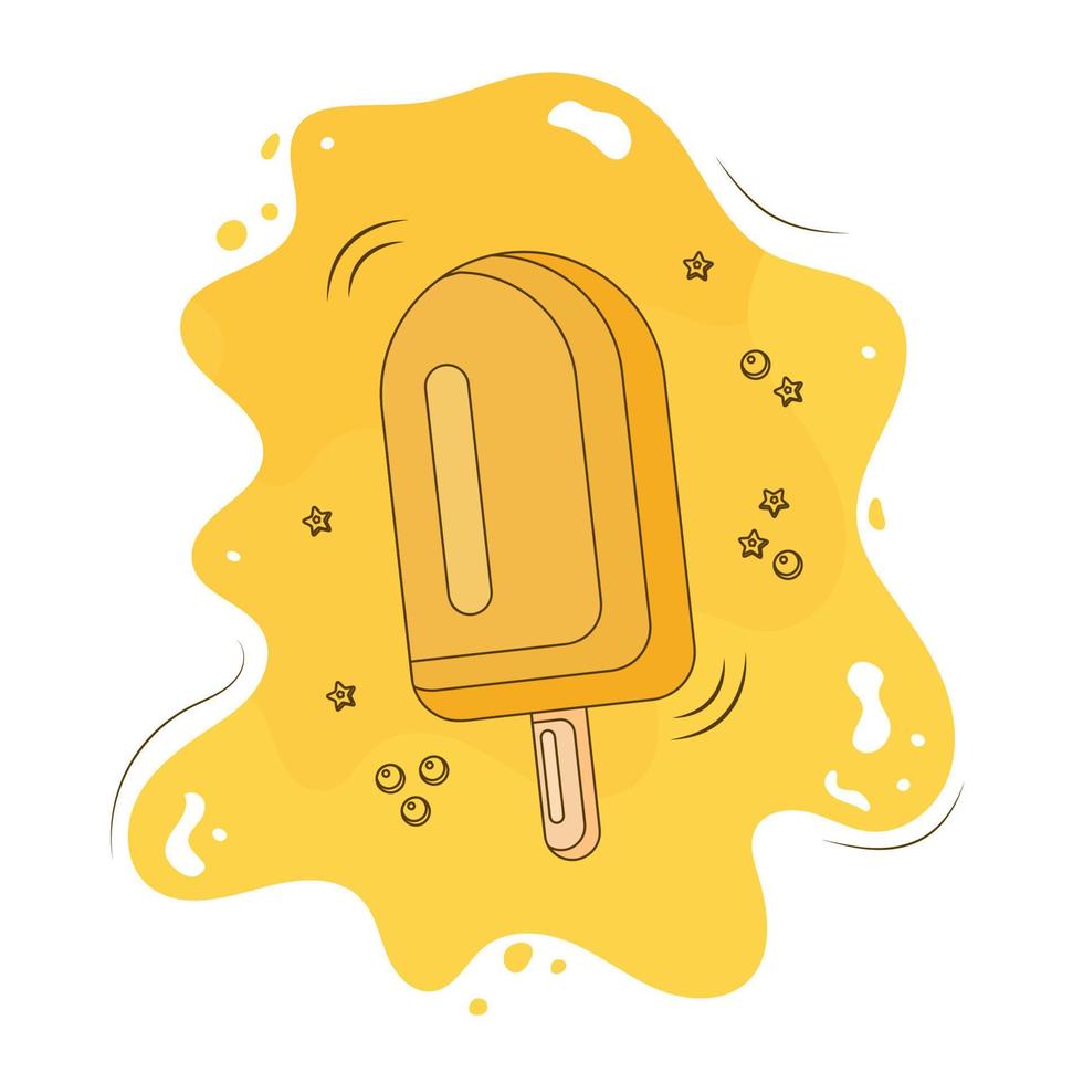 fruit ice, yellow ice cream with lemon flavor with sprinkles and syrup with brown stroke vector
