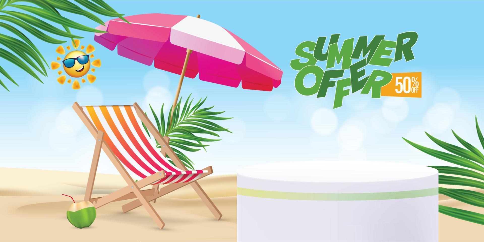 summer sale offer banner template with product podium, Beach chair in sand, deck chair,  parasol, beach umbrella, sunshade vector