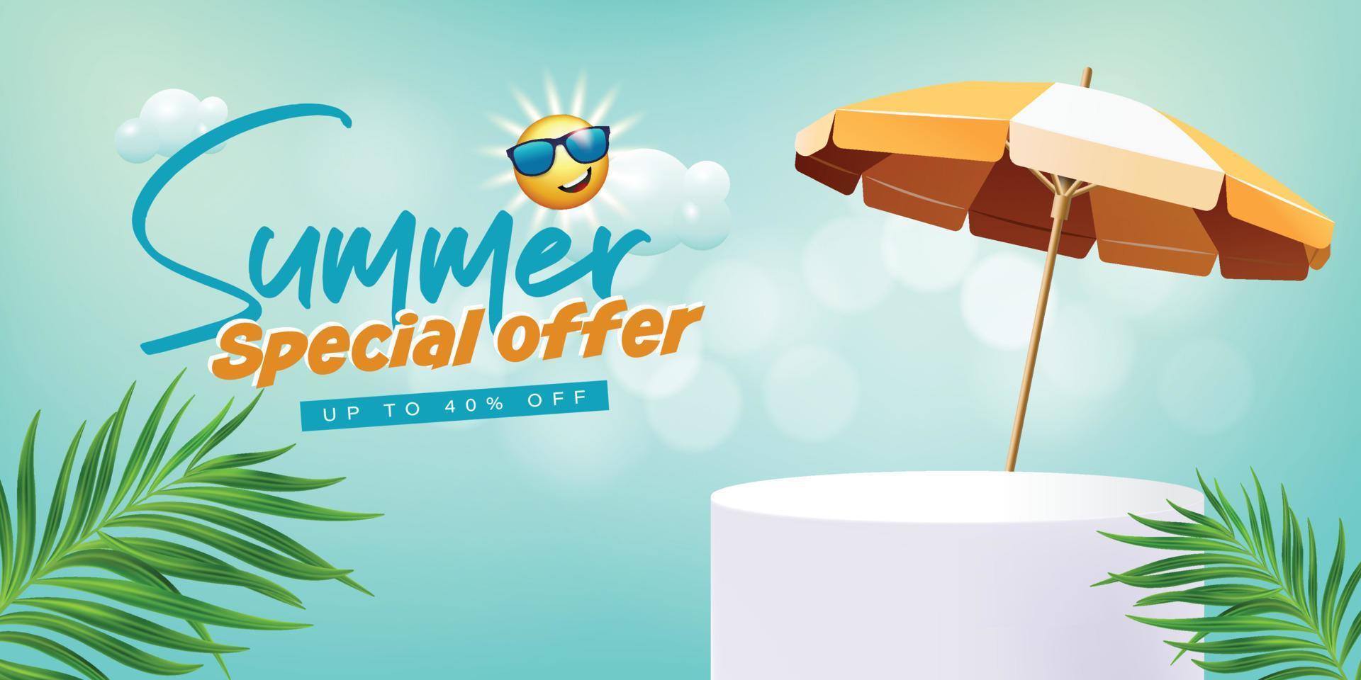 summer special offer banner template with product podium under parasol and palm leafs vector