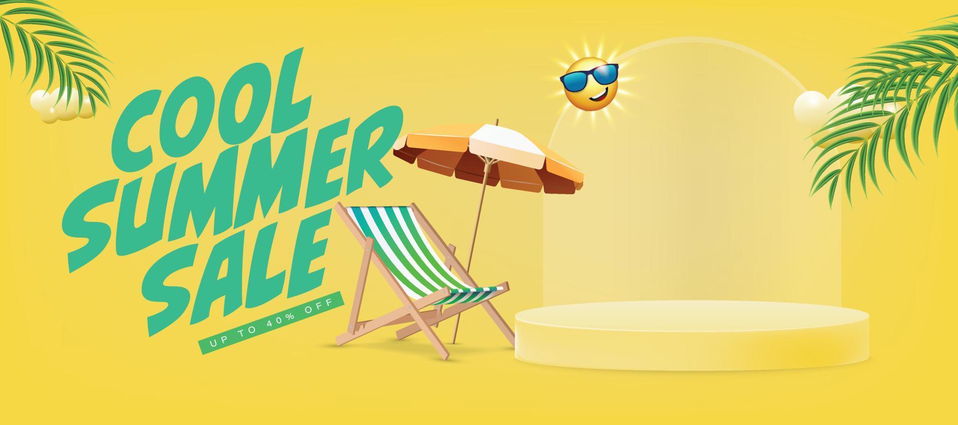 cool summer sale offer banner template with product podium, Beach chair, deck chair,  parasol, beach umbrella, sunshade vector