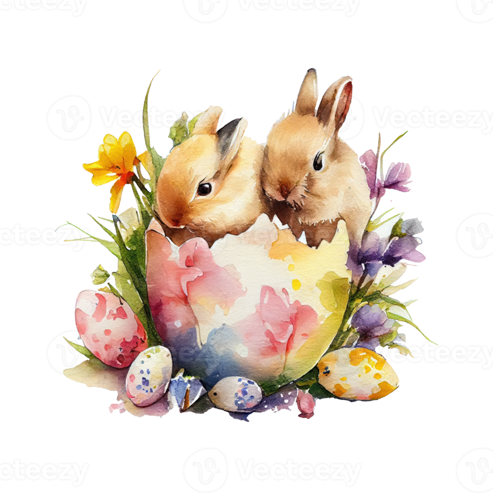 easter bunny watercolor flowers. AI Generated png