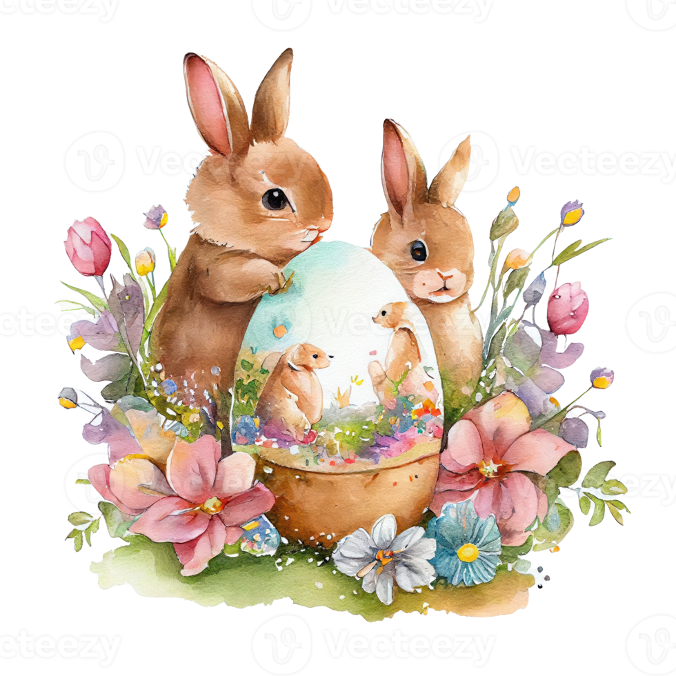 easter bunny watercolor flowers. AI Generated 22689598 PNG