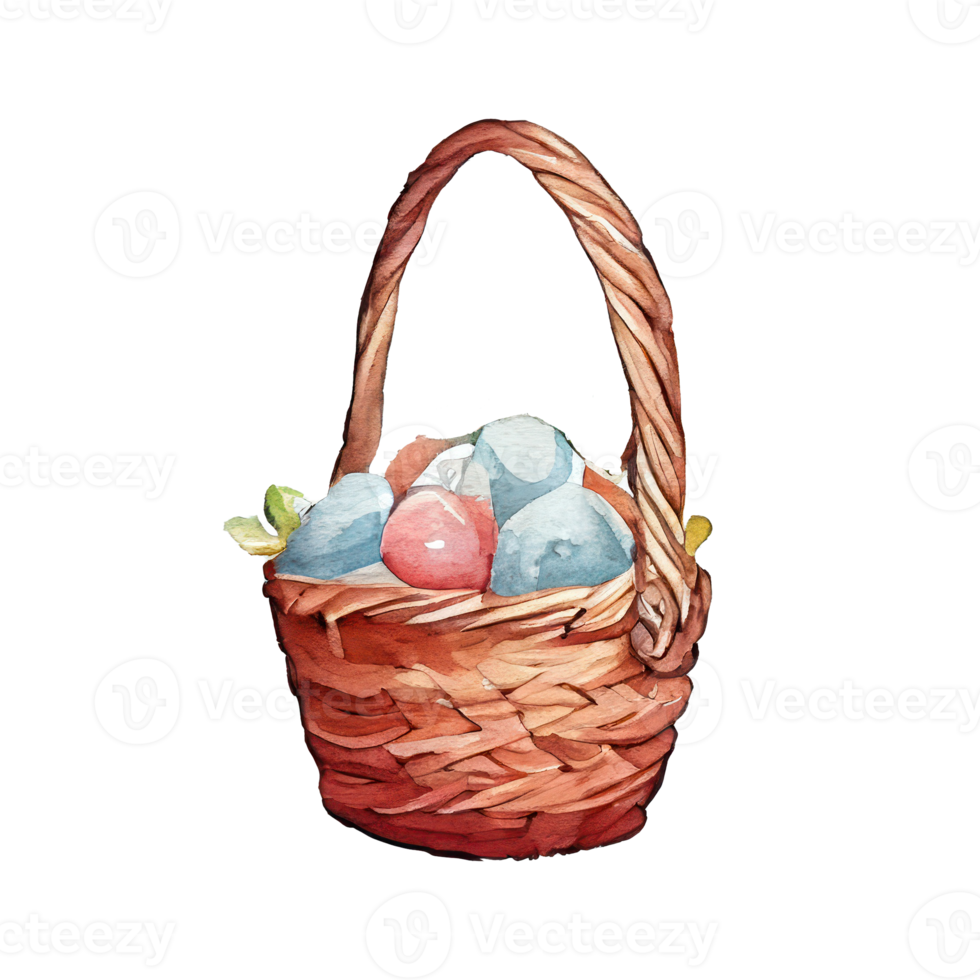 Wicker basket with Easter eggs flowers. AI Generated png