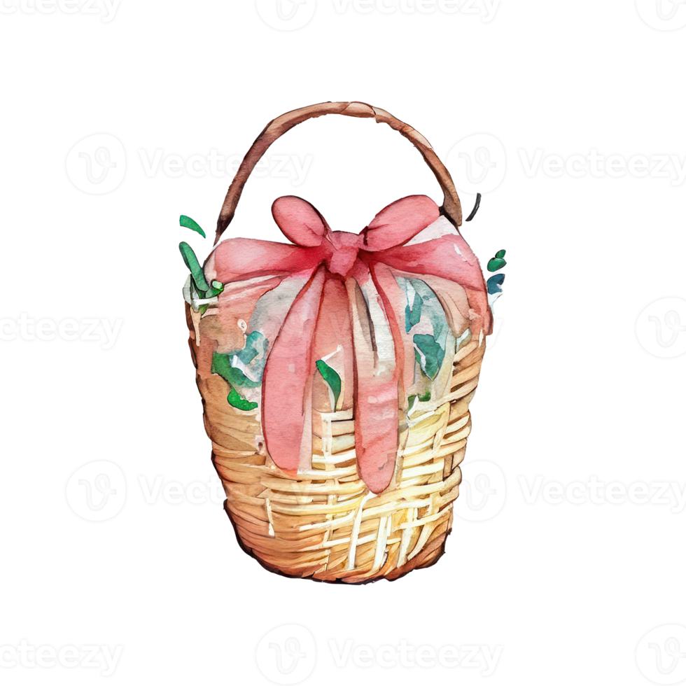 Wicker basket with Easter eggs flowers. AI Generated png