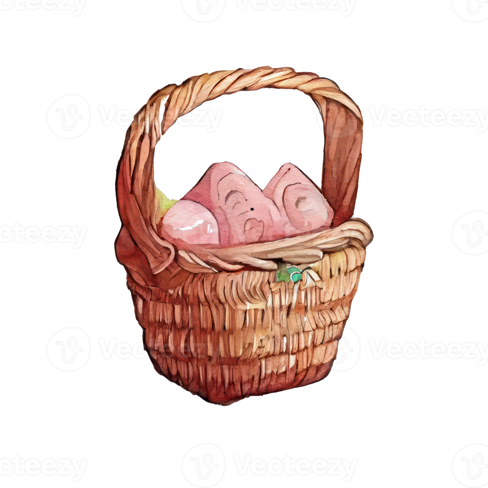 Wicker basket with Easter eggs flowers. AI Generated png