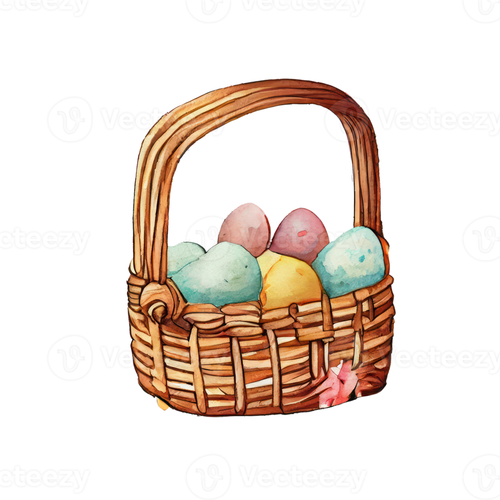 Wicker basket with Easter eggs flowers. AI Generated png