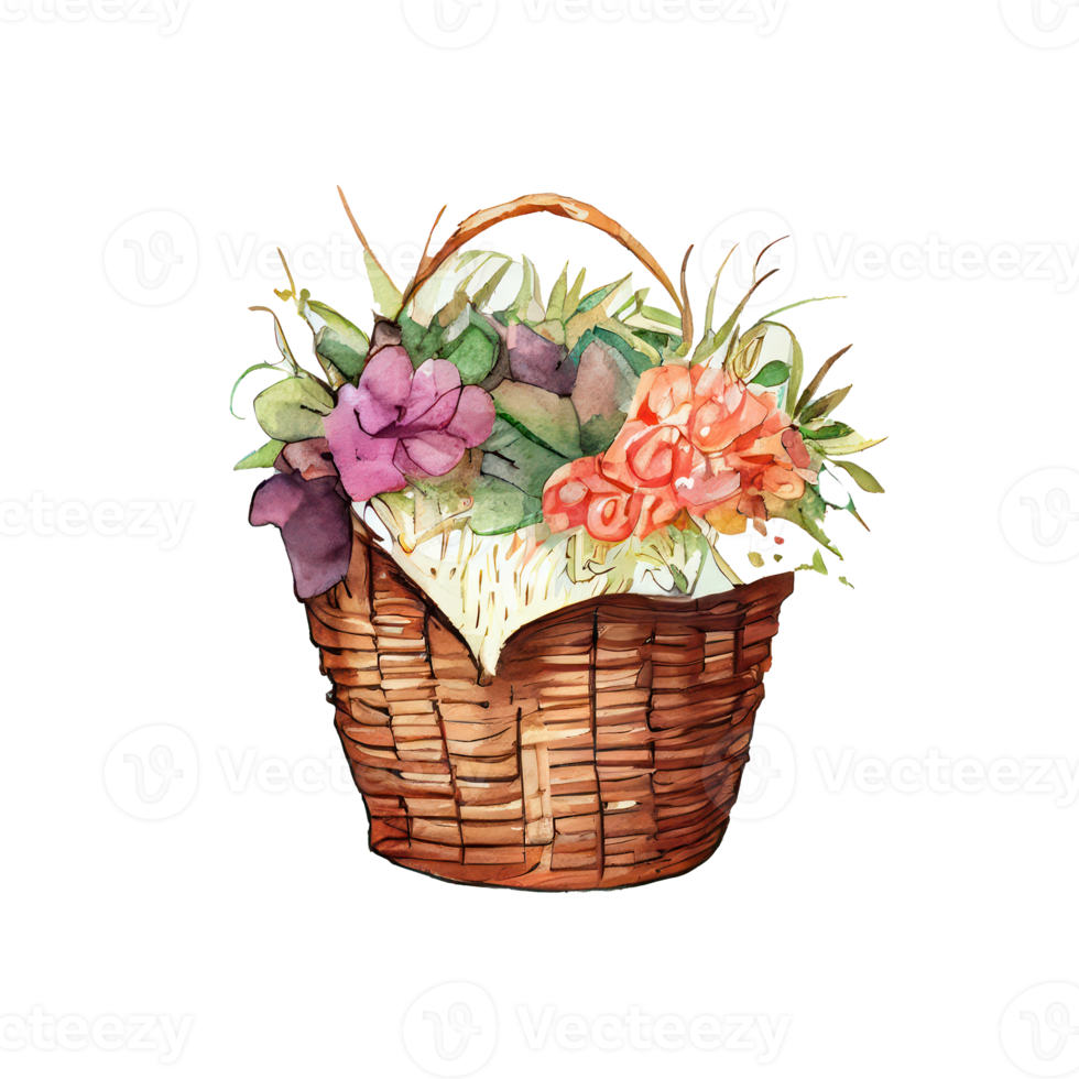 Wicker basket with Easter eggs flowers. AI Generated png