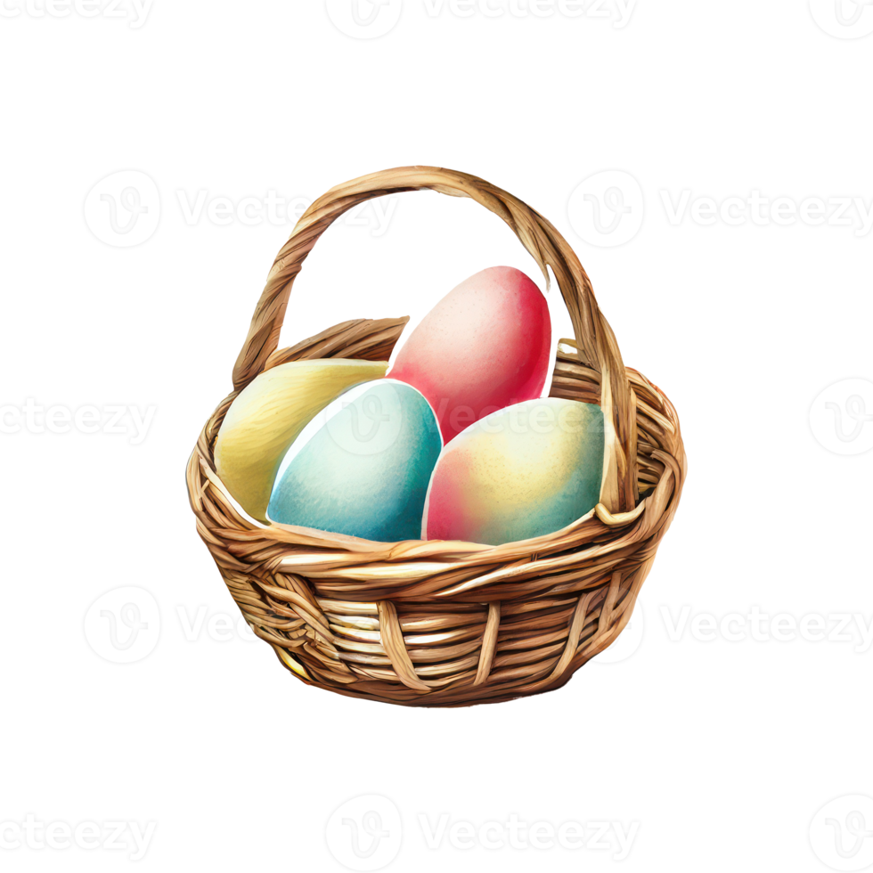 Wicker basket with Easter eggs flowers. AI Generated png