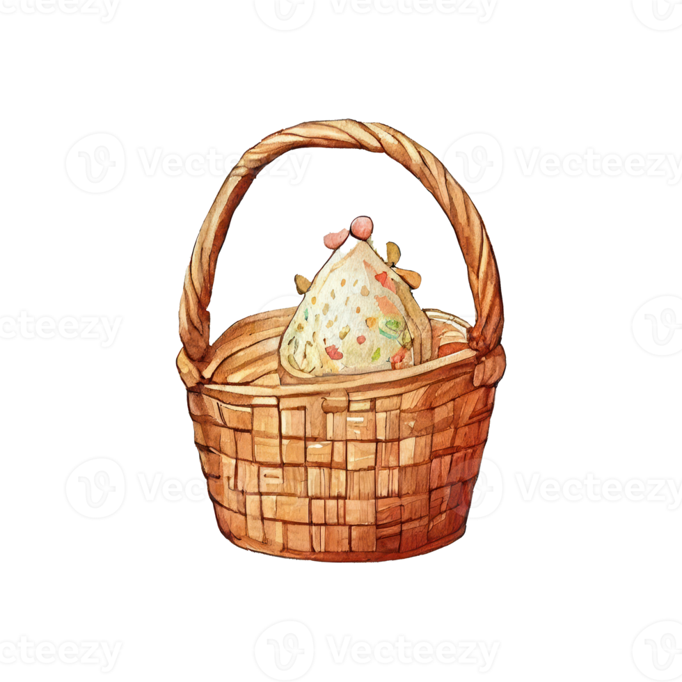 Wicker basket with Easter eggs flowers. AI Generated png