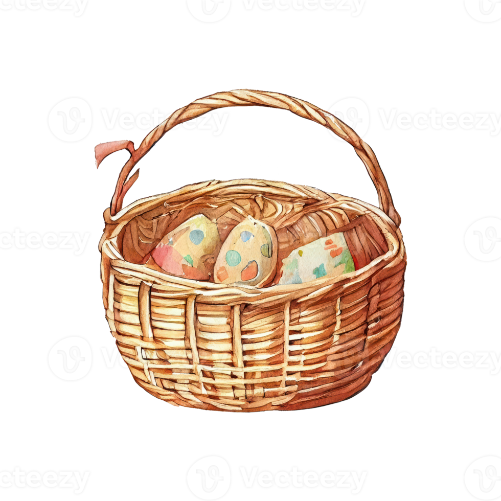 Wicker basket with Easter eggs flowers. AI Generated png