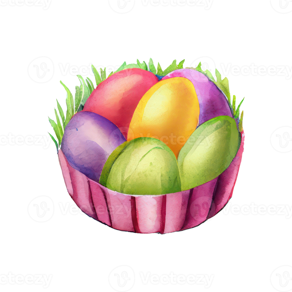 Wicker basket with Easter eggs flowers. AI Generated png