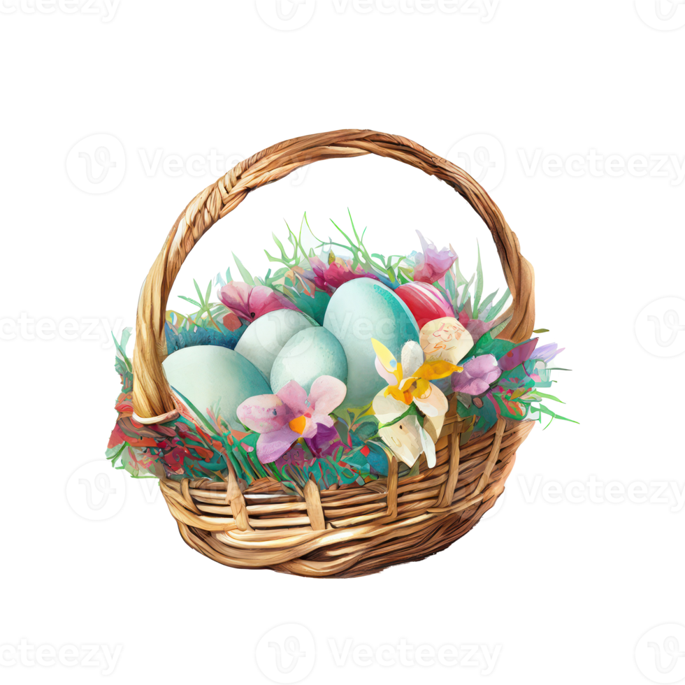 Wicker basket with Easter eggs flowers. AI Generated png