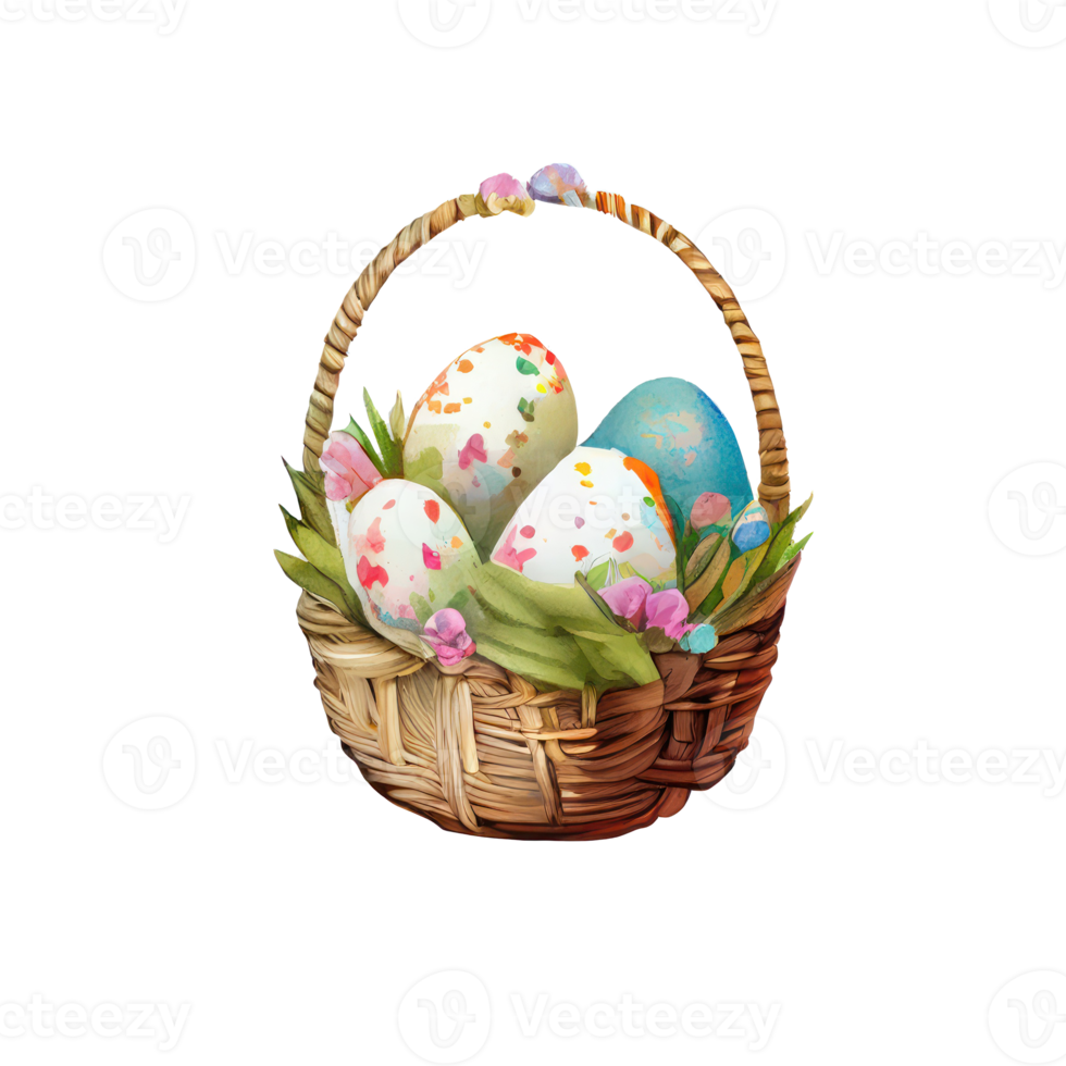 Wicker basket with Easter eggs flowers. AI Generated png