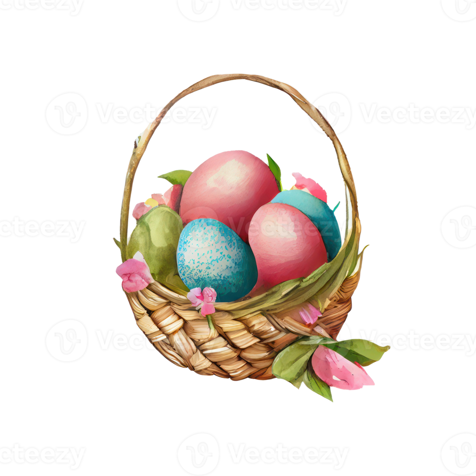 Wicker basket with Easter eggs flowers. AI Generated png