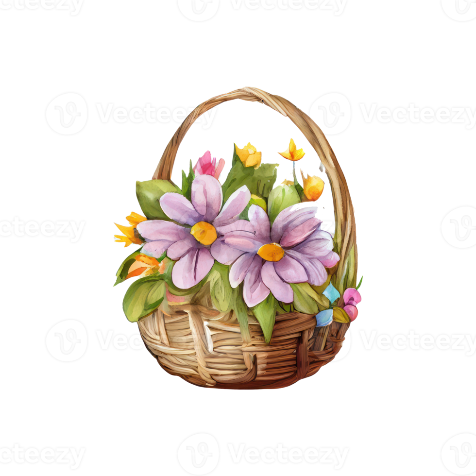 Wicker basket with Easter eggs flowers. AI Generated png