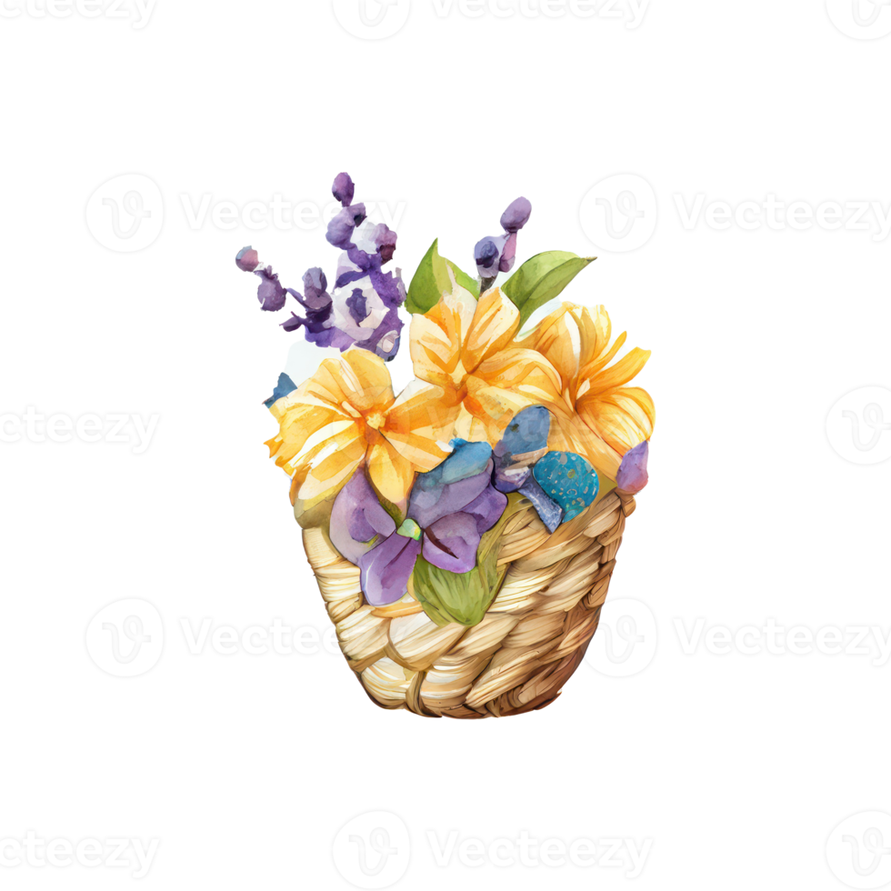 Wicker basket with Easter eggs flowers. AI Generated png