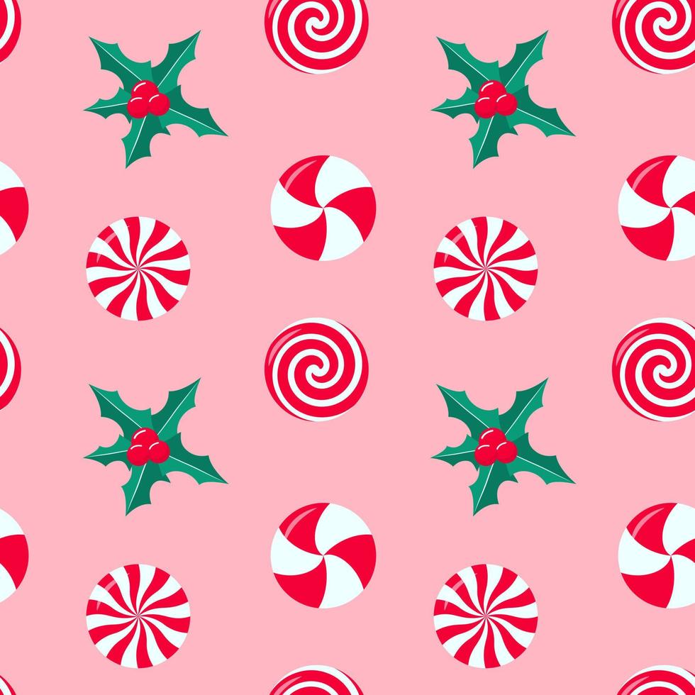 Christmas peppermint swirl candies and holly berries seamless pattern. vector