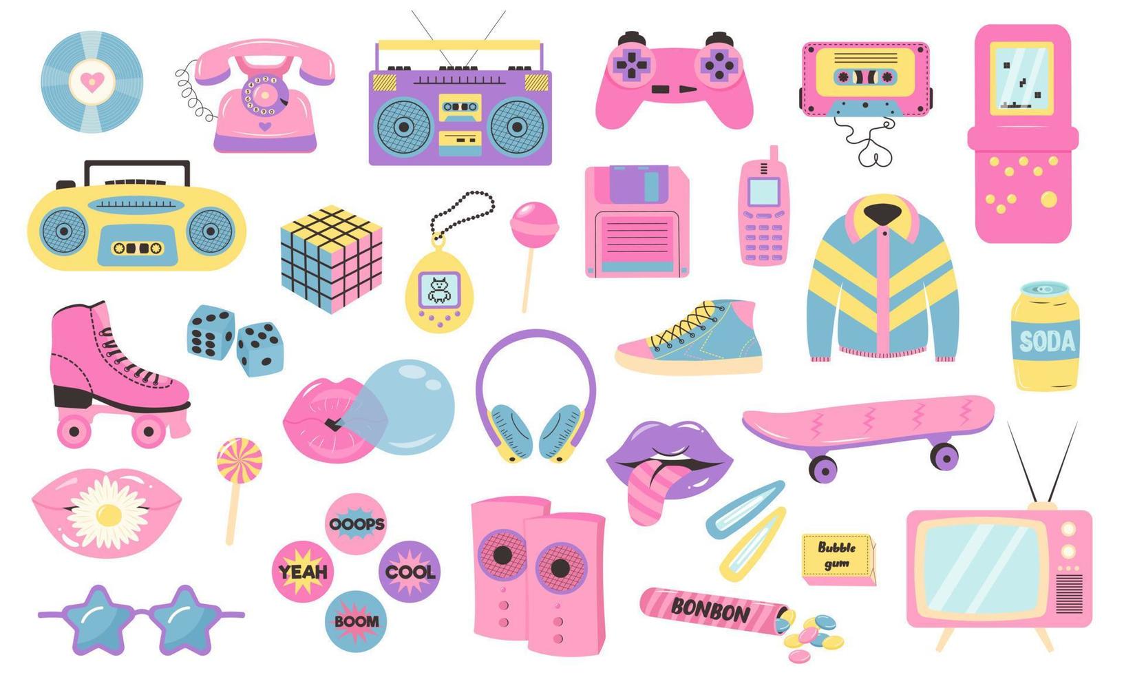 Retro 80s 90s clipart set. Pink pastel colors y2k glamour fashion patch, badge, emblem, stickers. vector