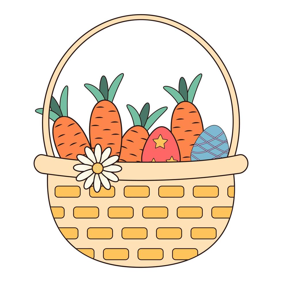 Groovy basket with carrots, Easter eggs and daisy. Vintage hippie psychedelic clipart. vector