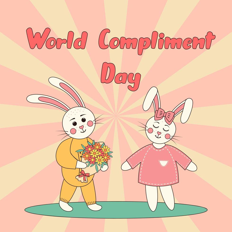 World compliment day. Bunny boy gives a bouquet of flowers bunny girl. Retro groovy 60s 70s cartoon flat style. vector