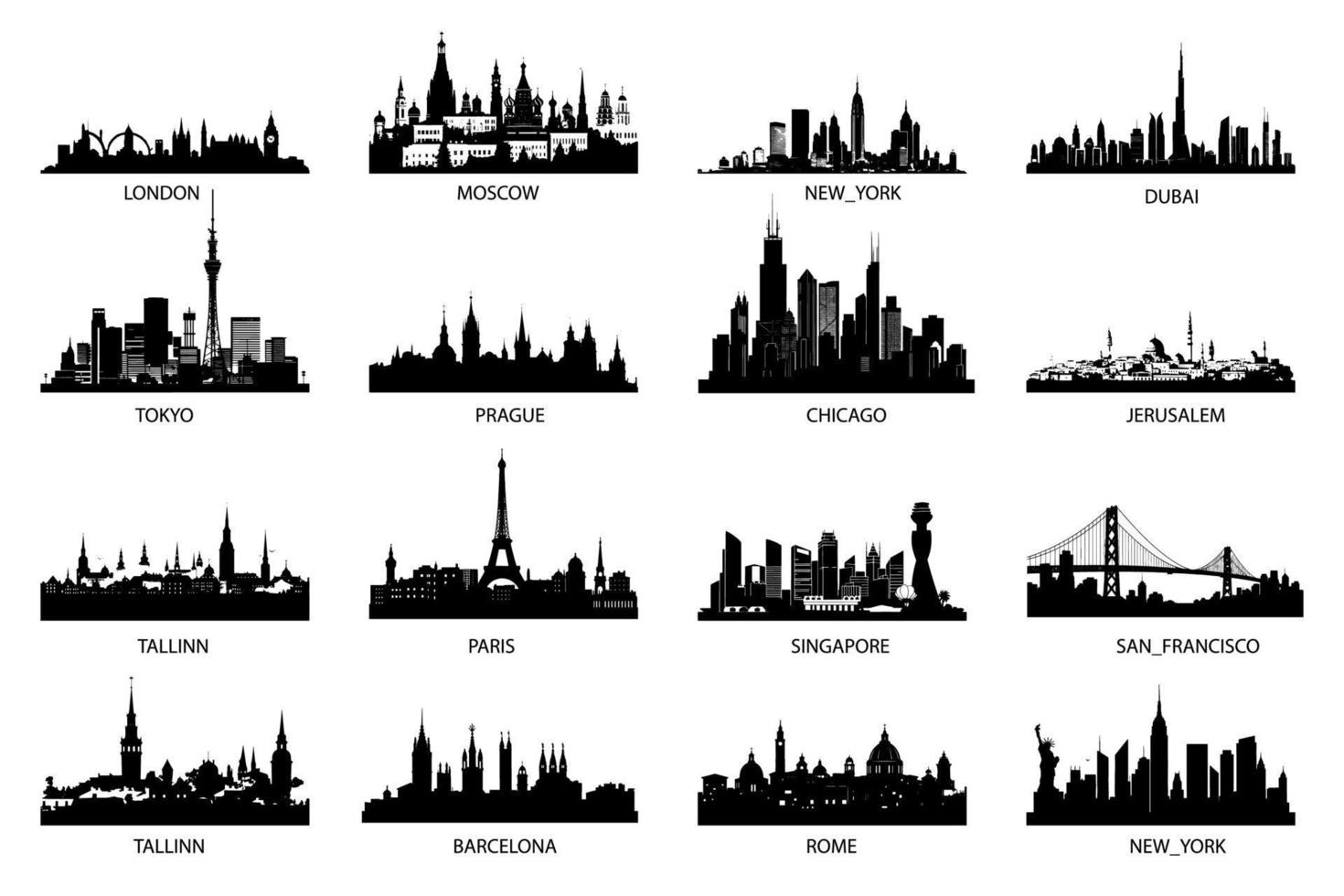 Vector silhouettes of the worlds city skylines.