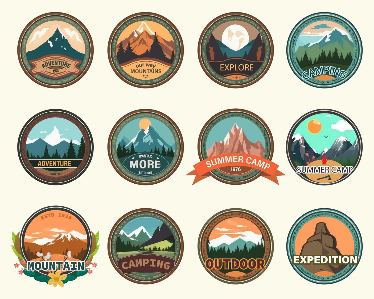 Mountain labels. Hiking emblems, mountain emblem badges and outdoor hill travel labels. Tourism logo. vector