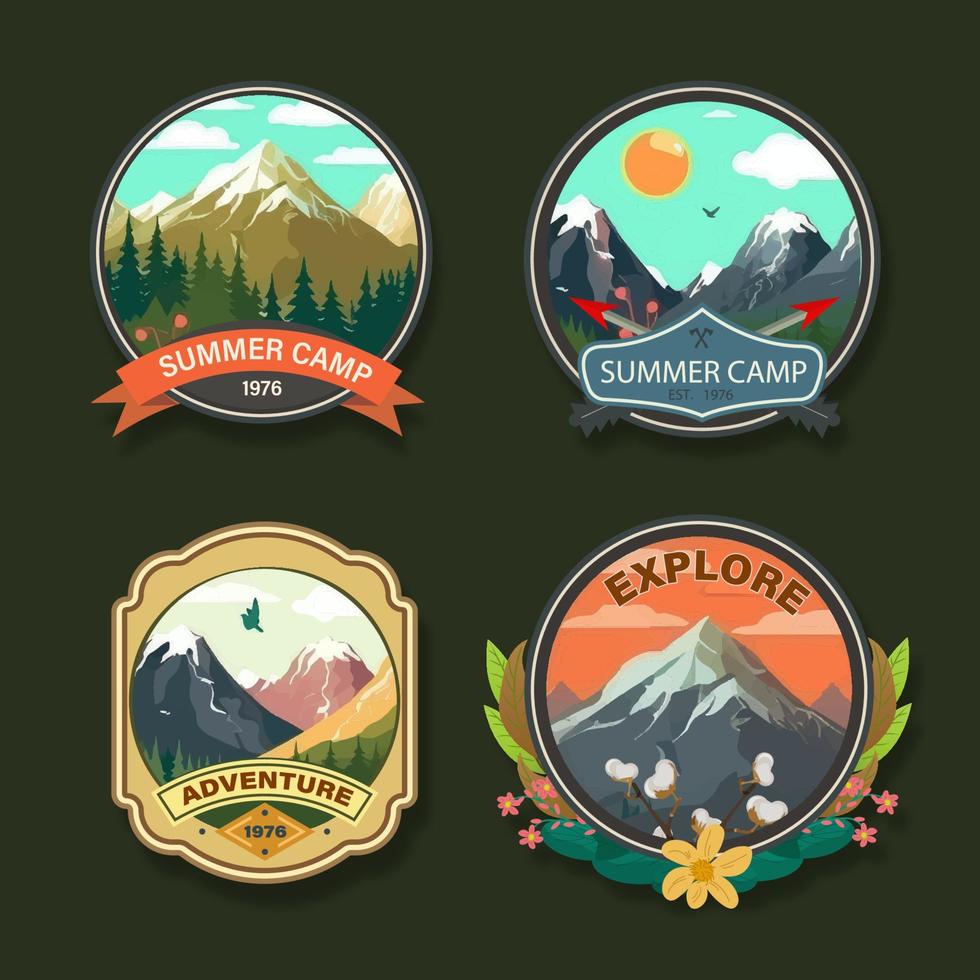 Set of four mountain travel emblems. Camping outdoor adventure emblems, badges and logo patches. Mountain tourism, hiking. vector