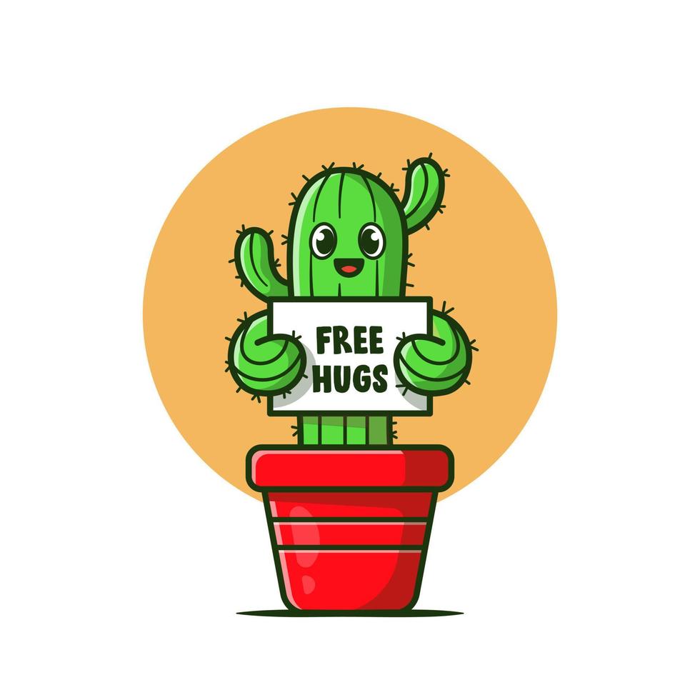 Happy Cactus Plant Holding Free Hugs Board Cartoon Vector Icon Illustration. Plant Icon Concept Isolated Premium Vector. Flat Cartoon Style