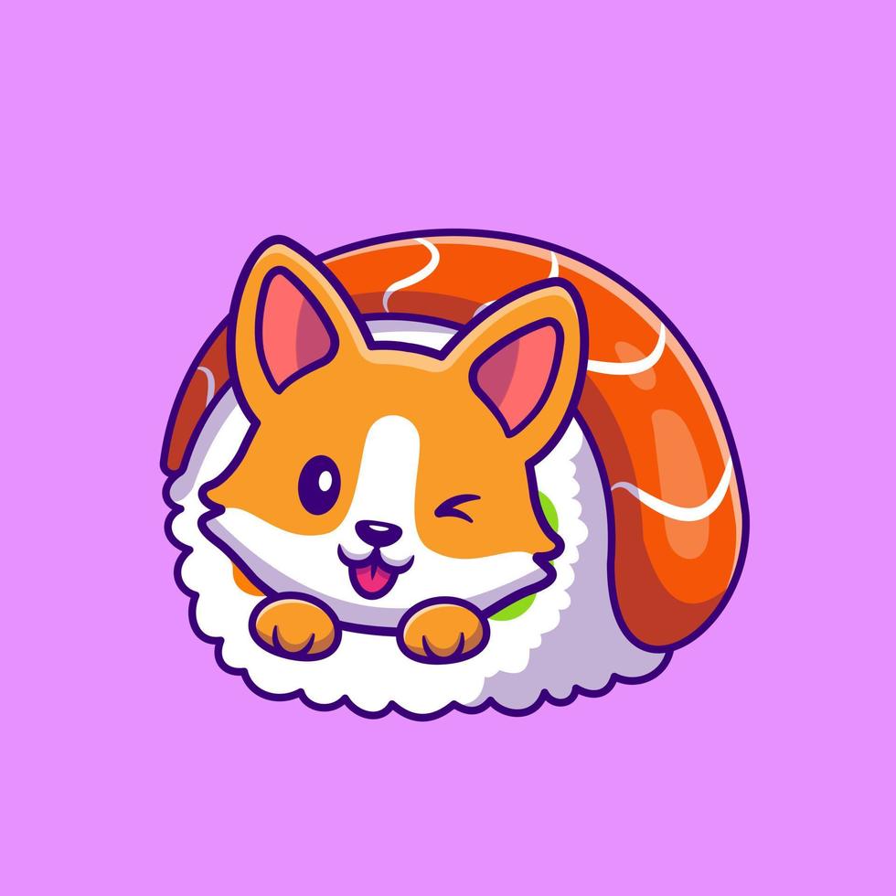 Cute Corgi In Sushi Roll Cartoon Vector Icon Illustration. Animal Food Icon Concept Isolated Premium Vector. Flat Cartoon Style