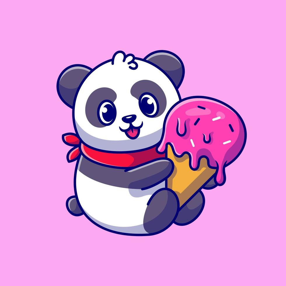 Cute Panda Holding Ice Cream Cone Cartoon Vector Icon Illustration. Animal Food Icon Concept Isolated Premium Vector. Flat Cartoon Style