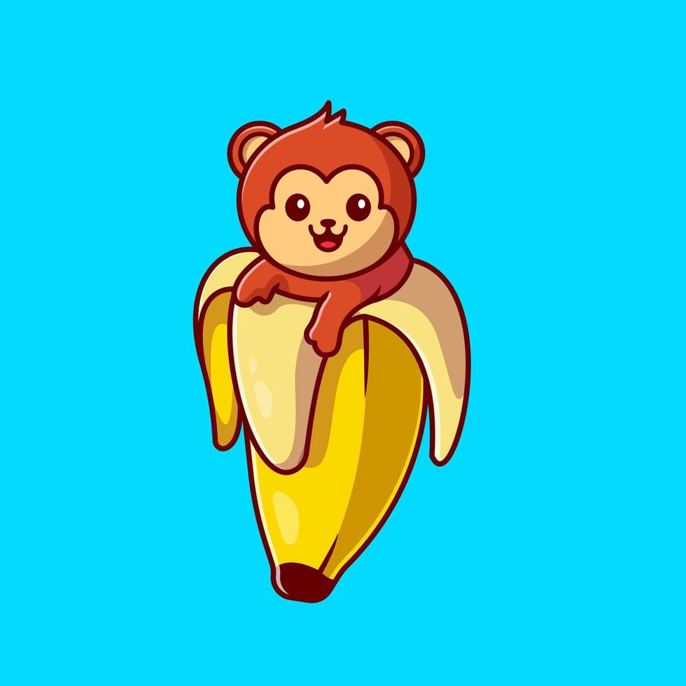 Cute Monkey Banana Cartoon Vector Icon Illustration. Animal Food Icon Concept Isolated Premium Vector. Flat Cartoon Style