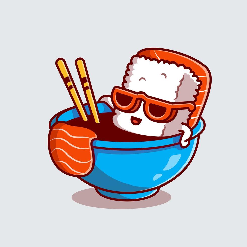 Cute Salmon Sushi In The Shoyu Sauce Cartoon Vector Icon Illustration. Food Recreation Icon Concept Isolated Premium Vector. Flat Cartoon Style
