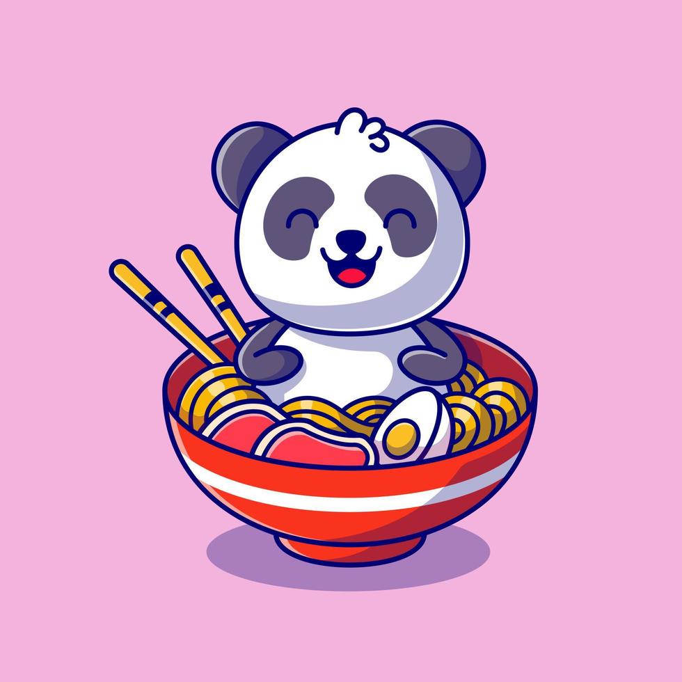 Cute Panda Sitting In The Noodle Bowl Cartoon Vector Icon Illustration. Animal Food Icon Concept Isolated Premium Vector. Flat Cartoon Style