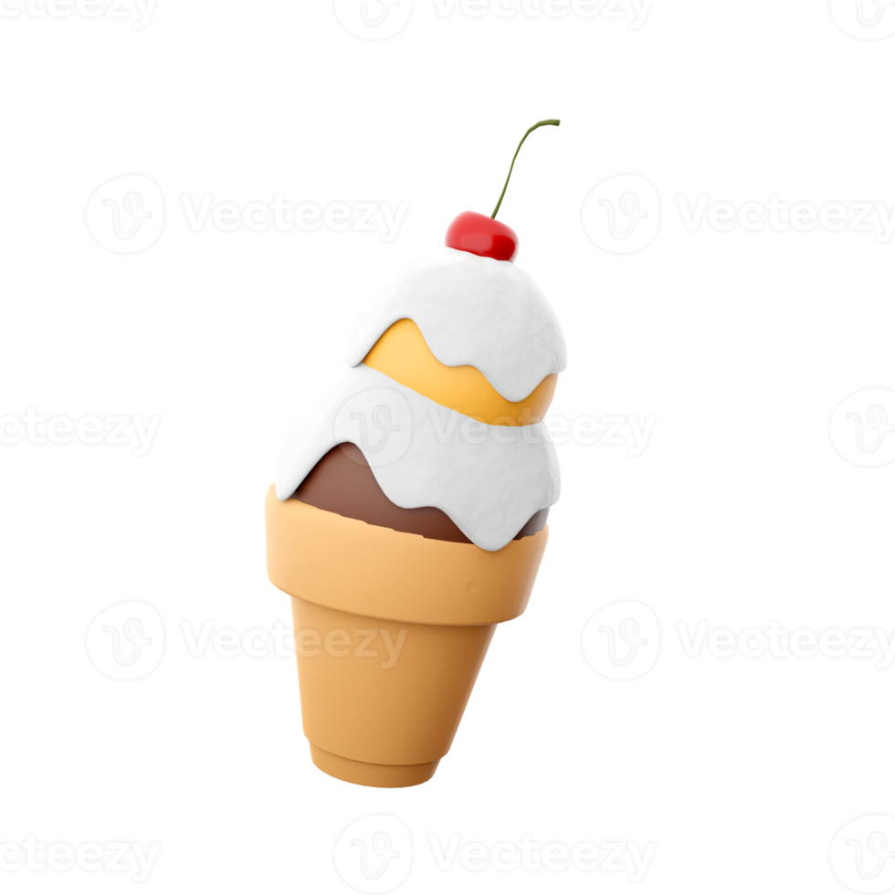 3d rendering ice cream with two balls and a cherry icon. 3d render waffle crust with chocolate and banana ball and milk filling icon. png