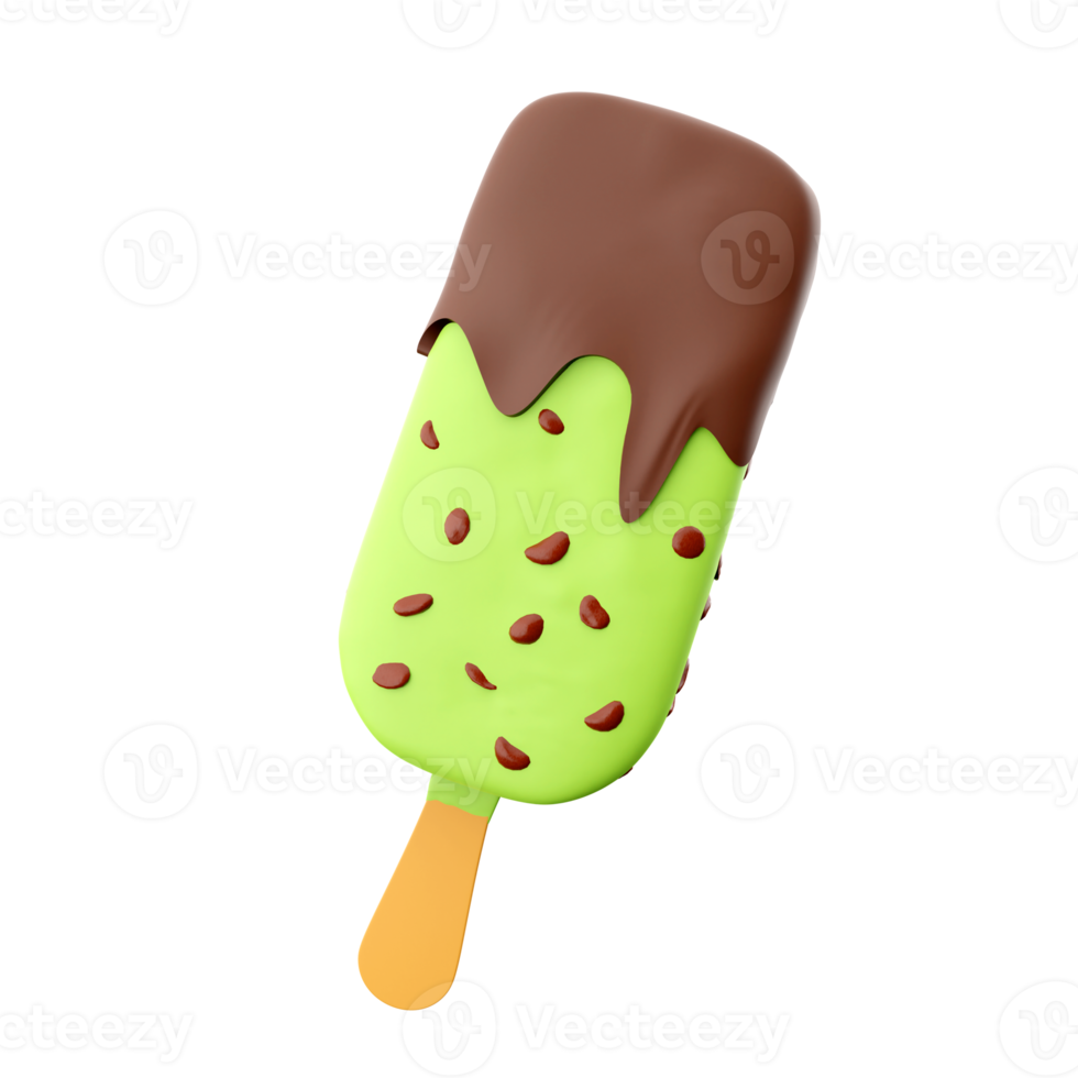 3d rendering summer dessert delicious ice cream icon. 3d render apple popsicle with chocolate filling and nuts icon. png