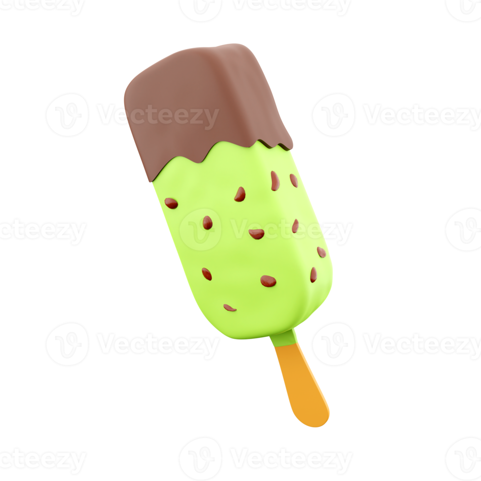 3d rendering summer dessert delicious ice cream icon. 3d render apple popsicle with chocolate filling and nuts icon. png