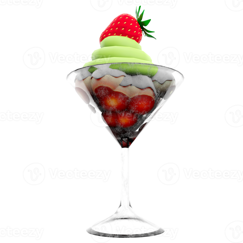 3d rendering ice cream in a glass icon. 3d render apple ice cream with strawberries icon. png